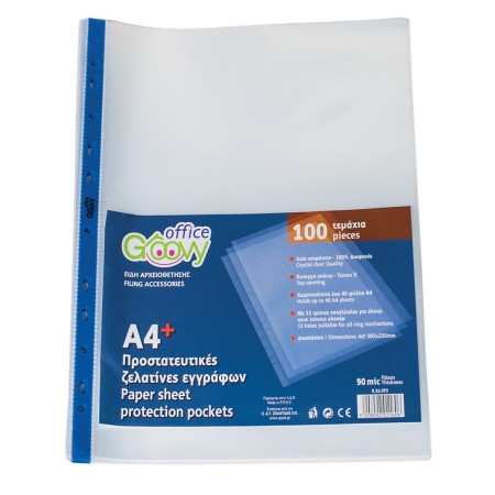 GROOVY SHEET PROTECTOR A4 90MIC CLEAR WITH BLUE HOLES (100PCS)